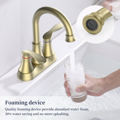 Brushed Gold 4-Inch Centerset Bathroom Sink Faucet, Two-Handle Vanity Faucet with Pop-Up Drain & Supply Lines