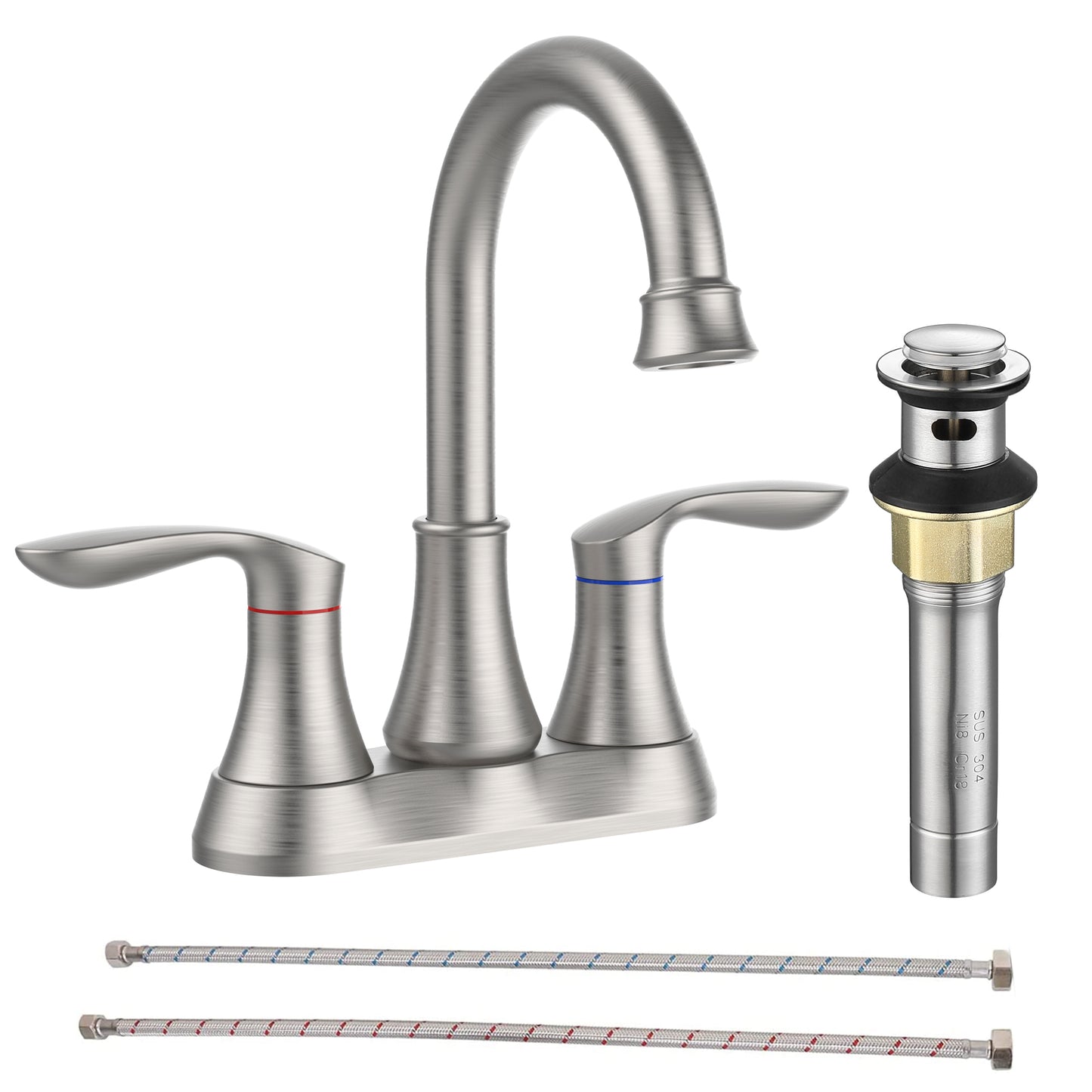 Brushed Nickel 4-Inch Centerset Bathroom Sink Faucet, Two-Handle Vanity Faucet with Pop-Up Drain & Supply Lines