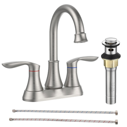 Brushed Nickel 4-Inch Centerset Bathroom Sink Faucet, Two-Handle Vanity Faucet with Pop-Up Drain & Supply Lines