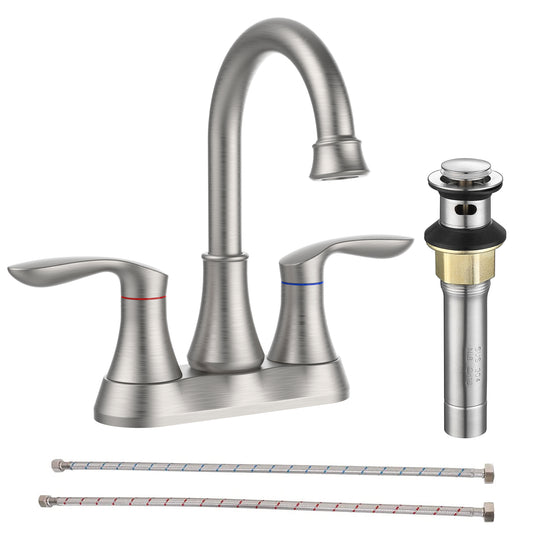 Brushed Nickel 4-Inch Centerset Bathroom Sink Faucet, Two-Handle Vanity Faucet with Pop-Up Drain & Supply Lines