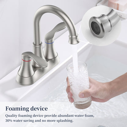Brushed Nickel 4-Inch Centerset Bathroom Sink Faucet, Two-Handle Vanity Faucet with Pop-Up Drain & Supply Lines