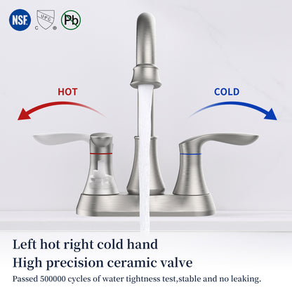 Brushed Nickel 4-Inch Centerset Bathroom Sink Faucet, Two-Handle Vanity Faucet with Pop-Up Drain & Supply Lines