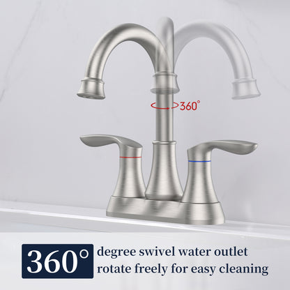 Brushed Nickel 4-Inch Centerset Bathroom Sink Faucet, Two-Handle Vanity Faucet with Pop-Up Drain & Supply Lines