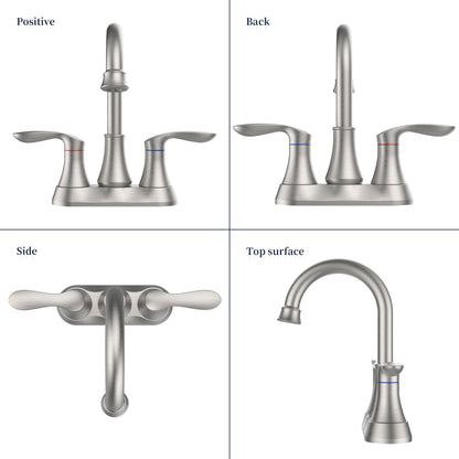 Brushed Nickel 4-Inch Centerset Bathroom Sink Faucet, Two-Handle Vanity Faucet with Pop-Up Drain & Supply Lines