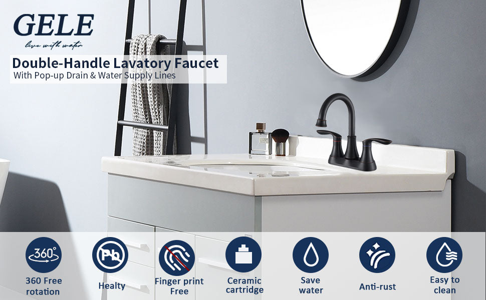 Oil-Rubbed Bronze 4-Inch Centerset Bathroom Sink Faucet, Two-Handle Vanity Faucet with Pop-Up Drain & Supply Lines