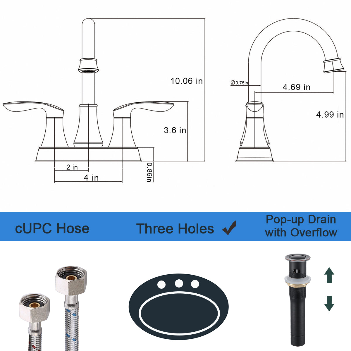 Oil-Rubbed Bronze 4-Inch Centerset Bathroom Sink Faucet, Two-Handle Vanity Faucet with Pop-Up Drain & Supply Lines
