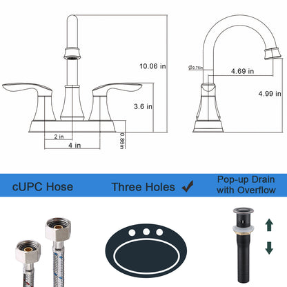 Oil-Rubbed Bronze 4-Inch Centerset Bathroom Sink Faucet, Two-Handle Vanity Faucet with Pop-Up Drain & Supply Lines