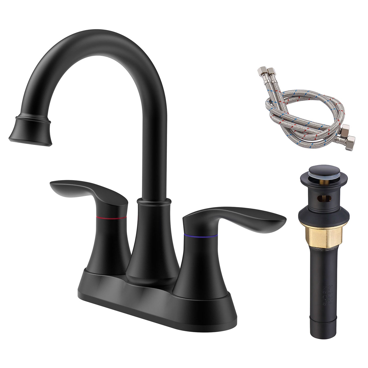 Matte Black 4-Inch Centerset Bathroom Sink Faucet, Two-Handle Vanity Faucet with Pop-Up Drain & Supply Lines