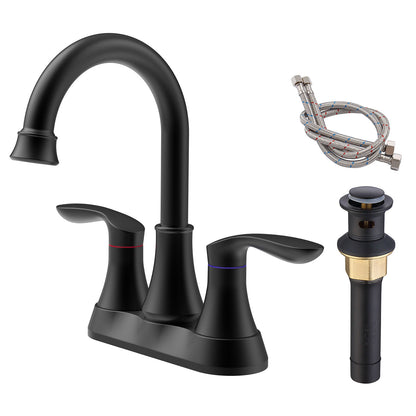 Matte Black 4-Inch Centerset Bathroom Sink Faucet, Two-Handle Vanity Faucet with Pop-Up Drain & Supply Lines