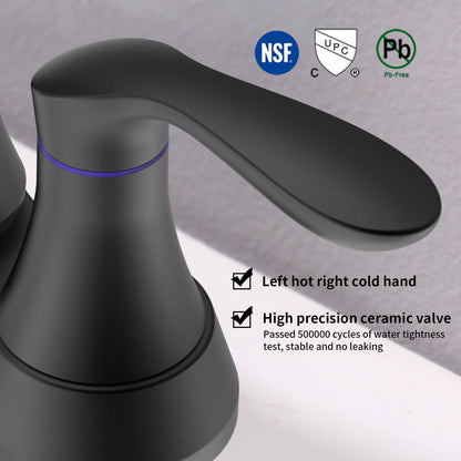 Matte Black 4-Inch Centerset Bathroom Sink Faucet, Two-Handle Vanity Faucet with Pop-Up Drain & Supply Lines
