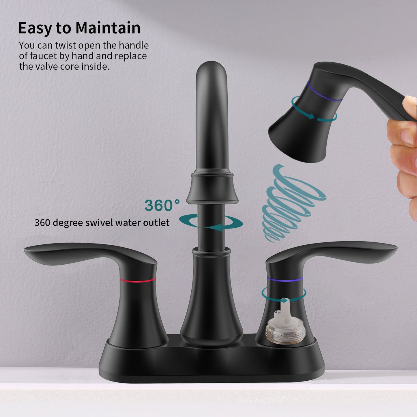 Matte Black 4-Inch Centerset Bathroom Sink Faucet, Two-Handle Vanity Faucet with Pop-Up Drain & Supply Lines