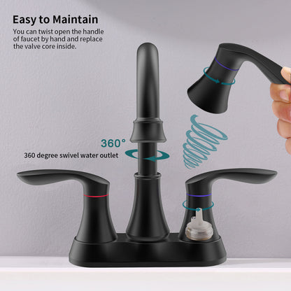 Matte Black 4-Inch Centerset Bathroom Sink Faucet, Two-Handle Vanity Faucet with Pop-Up Drain & Supply Lines