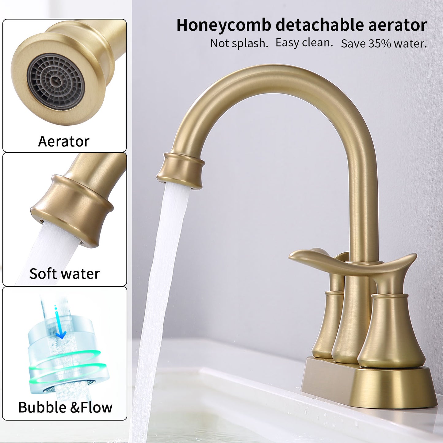 2-Handle 4-Inch Brushed Gold Bathroom Faucet, Bathroom Vanity Sink Faucets with Pop-up Drain and Supply Hoses