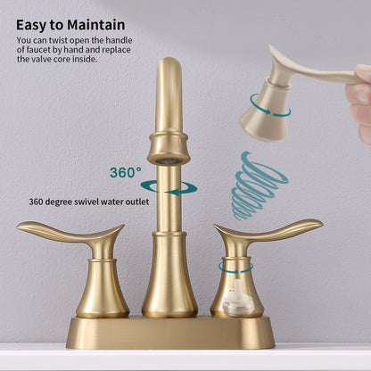 2-Handle 4-Inch Brushed Gold Bathroom Faucet, Bathroom Vanity Sink Faucets with Pop-up Drain and Supply Hoses