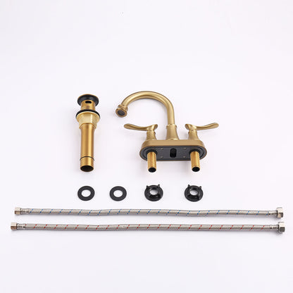 2-Handle 4-Inch Brushed Gold Bathroom Faucet, Bathroom Vanity Sink Faucets with Pop-up Drain and Supply Hoses