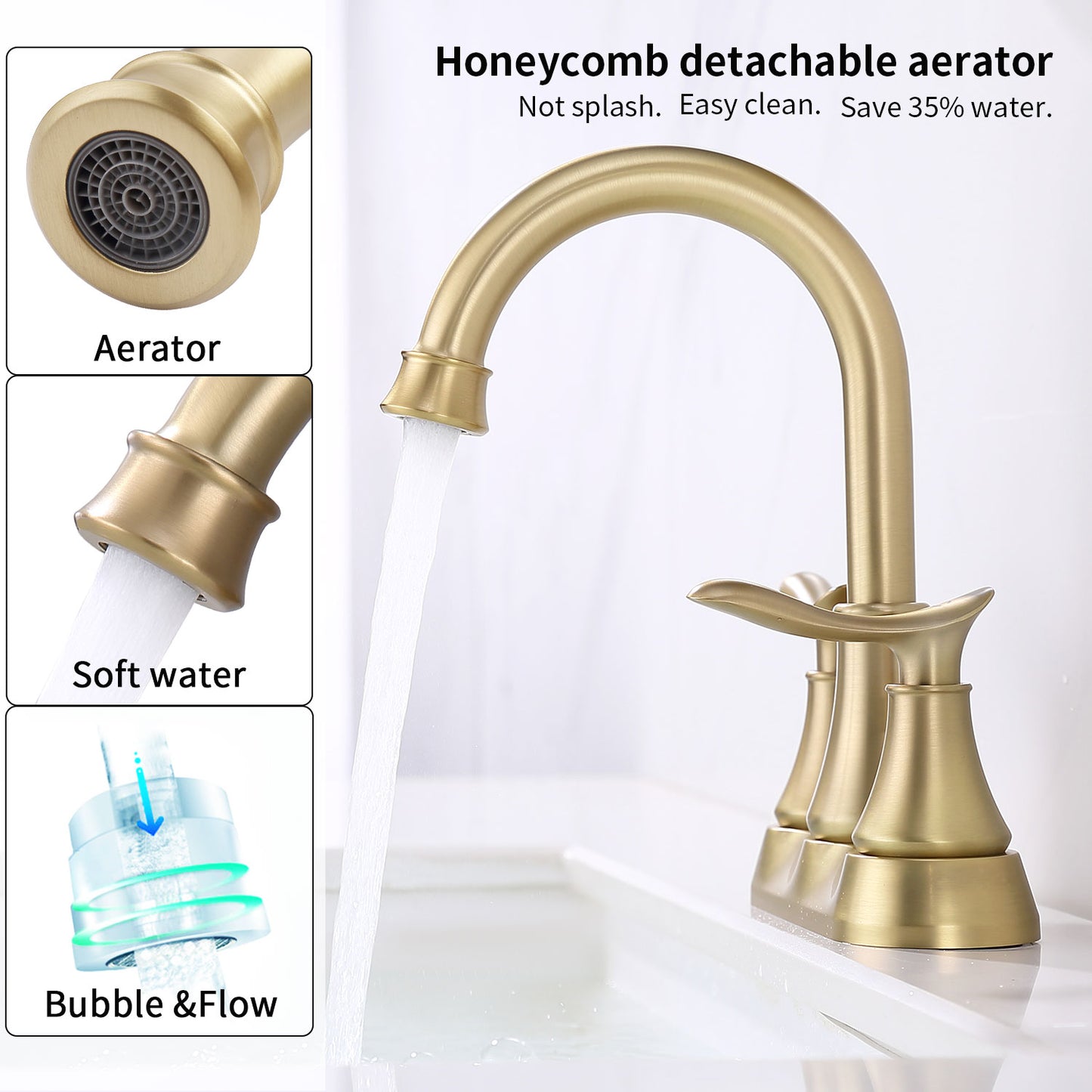 Brushed Gold 4-Inch Centerset Bathroom Sink Faucet, Two-Handle Vanity Faucet with Pop-Up Drain & Supply Lines
