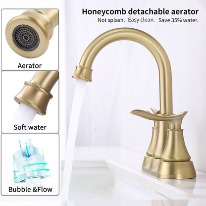 Brushed Gold 4-Inch Centerset Bathroom Sink Faucet, Two-Handle Vanity Faucet with Pop-Up Drain & Supply Lines