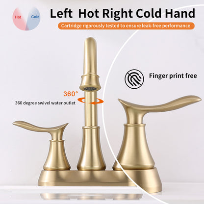 Brushed Gold 4-Inch Centerset Bathroom Sink Faucet, Two-Handle Vanity Faucet with Pop-Up Drain & Supply Lines