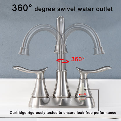 Brushed Nickel 4-Inch Centerset Bathroom Sink Faucet, Two-Handle Vanity Faucet with Pop-Up Drain & Supply Lines