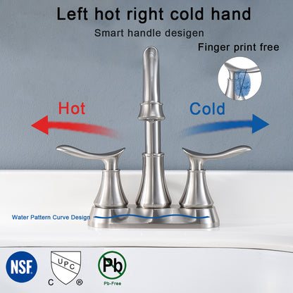 Brushed Nickel 4-Inch Centerset Bathroom Sink Faucet, Two-Handle Vanity Faucet with Pop-Up Drain & Supply Lines