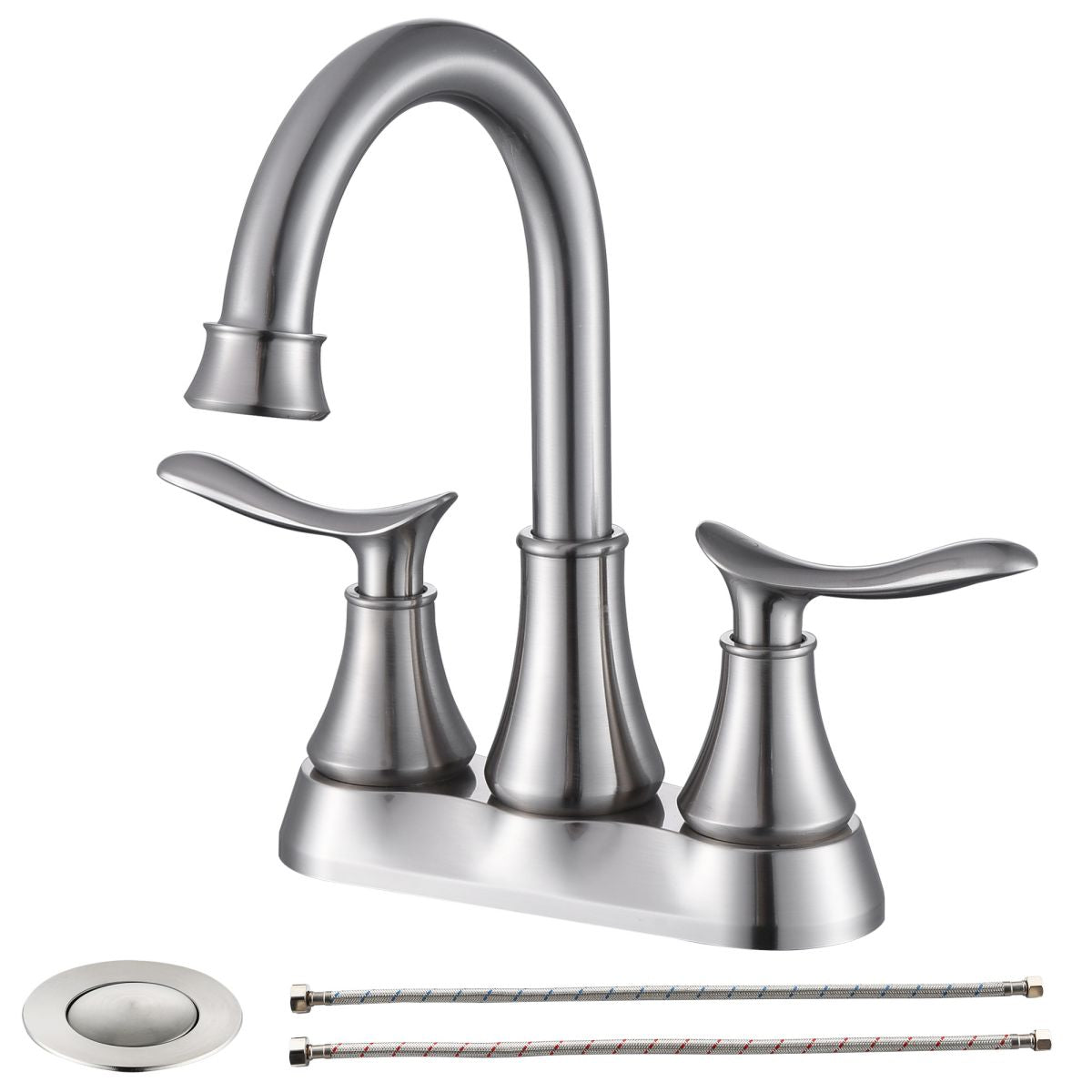 Brushed Nickel 4-Inch Centerset Bathroom Sink Faucet, Two-Handle Vanity Faucet with Pop-Up Drain & Supply Lines