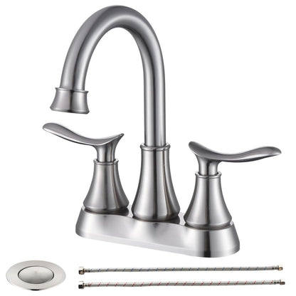 Brushed Nickel 4-Inch Centerset Bathroom Sink Faucet, Two-Handle Vanity Faucet with Pop-Up Drain & Supply Lines