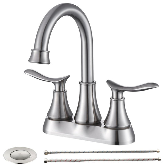 Brushed Nickel 4-Inch Centerset Bathroom Sink Faucet, Two-Handle Vanity Faucet with Pop-Up Drain & Supply Lines