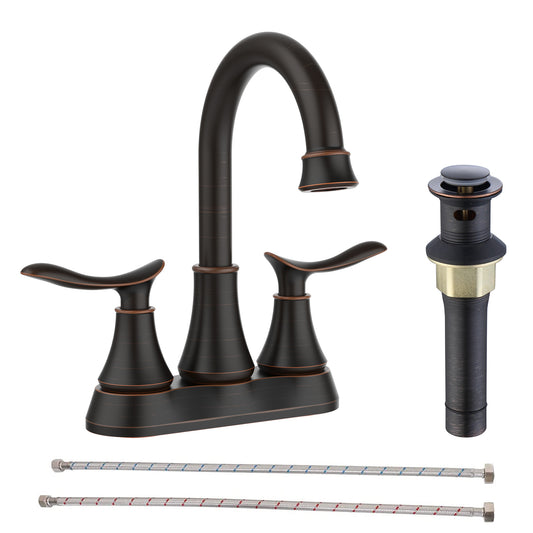 Oil-Rubbed Bronze 4-Inch Centerset Bathroom Sink Faucet, Two-Handle Vanity Faucet with Pop-Up Drain & Supply Lines
