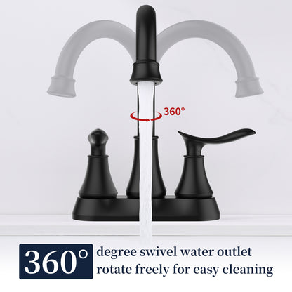 Matte Black 4-Inch Centerset Bathroom Sink Faucet, Two-Handle Vanity Faucet with Pop-Up Drain & Supply Lines