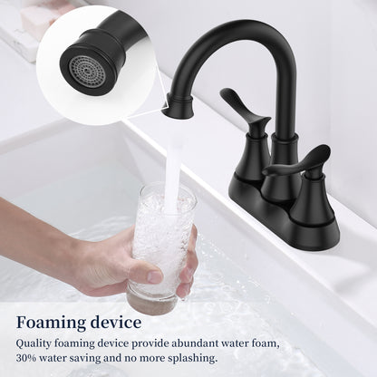 Matte Black 4-Inch Centerset Bathroom Sink Faucet, Two-Handle Vanity Faucet with Pop-Up Drain & Supply Lines