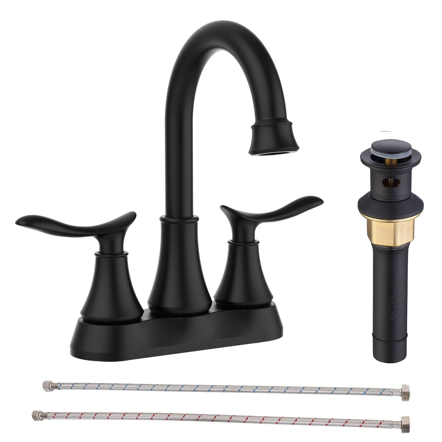 Matte Black 4-Inch Centerset Bathroom Sink Faucet, Two-Handle Vanity Faucet with Pop-Up Drain & Supply Lines