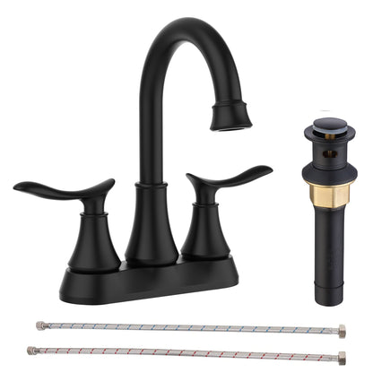 Matte Black 4-Inch Centerset Bathroom Sink Faucet, Two-Handle Vanity Faucet with Pop-Up Drain & Supply Lines