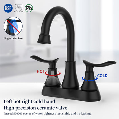 Matte Black 4-Inch Centerset Bathroom Sink Faucet, Two-Handle Vanity Faucet with Pop-Up Drain & Supply Lines