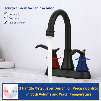 Matte Black 4-Inch Centerset Bathroom Sink Faucet, Two-Handle Vanity Faucet with 360° Swivel High Arc Spout, Pop-Up Drain & Supply Lines
