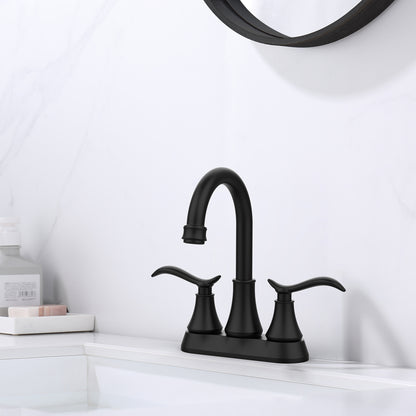 Matte Black 4-Inch Centerset Bathroom Sink Faucet, Two-Handle Vanity Faucet with 360° Swivel High Arc Spout, Pop-Up Drain & Supply Lines