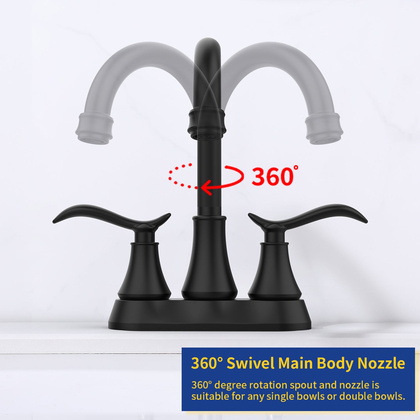 Matte Black 4-Inch Centerset Bathroom Sink Faucet, Two-Handle Vanity Faucet with 360° Swivel High Arc Spout, Pop-Up Drain & Supply Lines