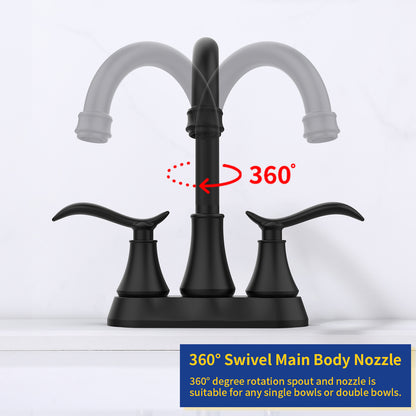 Matte Black 4-Inch Centerset Bathroom Sink Faucet, Two-Handle Vanity Faucet with 360° Swivel High Arc Spout, Pop-Up Drain & Supply Lines
