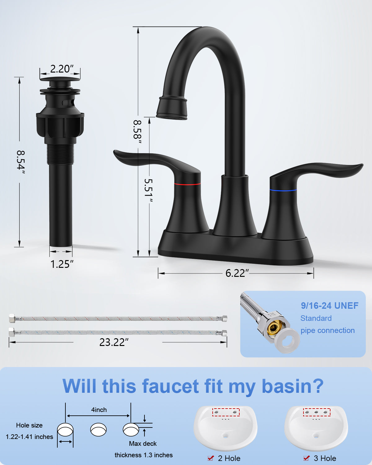 Matte Black 4-Inch Centerset Bathroom Sink Faucet, Two-Handle Vanity Faucet with 360° Swivel High Arc Spout, Pop-Up Drain & Supply Lines