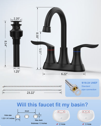 Matte Black 4-Inch Centerset Bathroom Sink Faucet, Two-Handle Vanity Faucet with 360° Swivel High Arc Spout, Pop-Up Drain & Supply Lines
