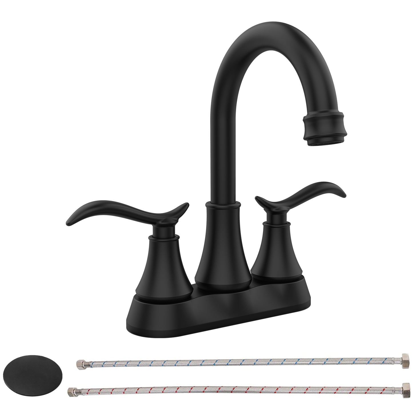 Matte Black 4-Inch Centerset Bathroom Sink Faucet, Two-Handle Vanity Faucet with 360° Swivel High Arc Spout, Pop-Up Drain & Supply Lines
