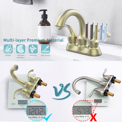 Brushed Gold Swan Neck Style 4-Inch Centerset Bathroom Sink Faucet, Two-Handle Vanity Faucet with Pop-Up Drain & Supply Lines