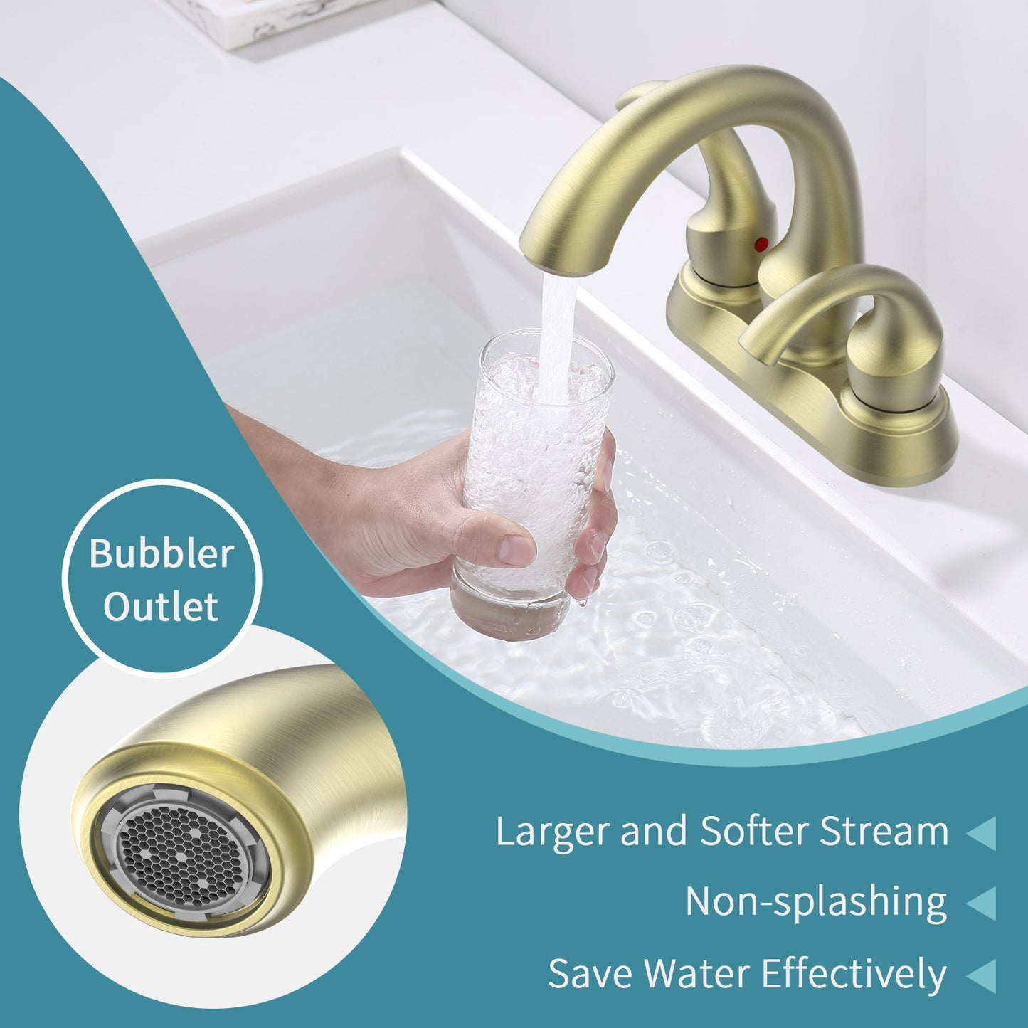 Brushed Gold Swan Neck Style 4-Inch Centerset Bathroom Sink Faucet, Two-Handle Vanity Faucet with Pop-Up Drain & Supply Lines