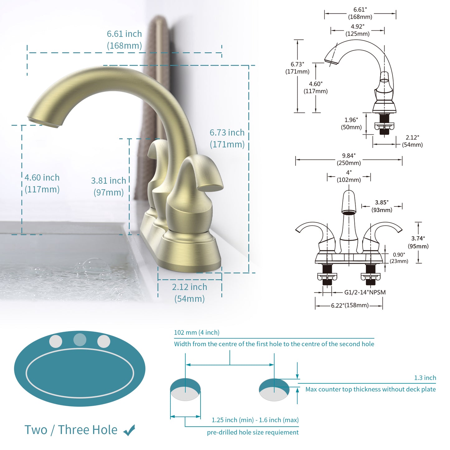 Brushed Gold Swan Neck Style 4-Inch Centerset Bathroom Sink Faucet, Two-Handle Vanity Faucet with Pop-Up Drain & Supply Lines