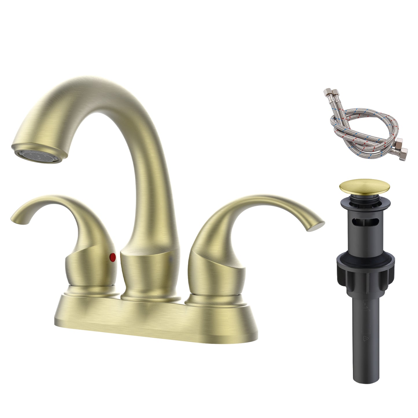 Brushed Gold Swan Neck Style 4-Inch Centerset Bathroom Sink Faucet, Two-Handle Vanity Faucet with Pop-Up Drain & Supply Lines