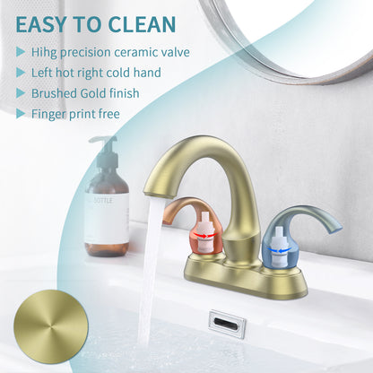 Brushed Gold Swan Neck Style 4-Inch Centerset Bathroom Sink Faucet, Two-Handle Vanity Faucet with Pop-Up Drain & Supply Lines
