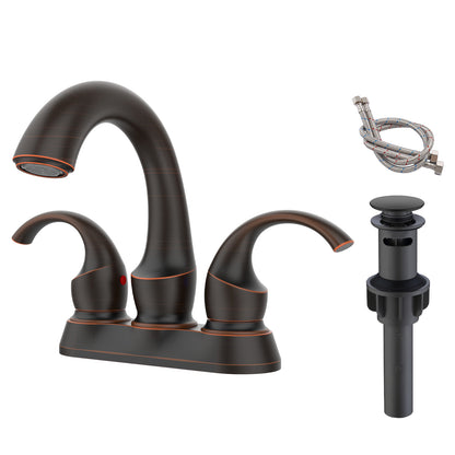 Oil-Rubbed Bronze Swan Neck Style 4-Inch Centerset Bathroom Sink Faucet, Two-Handle Vanity Faucet with Pop-Up Drain & Supply Lines