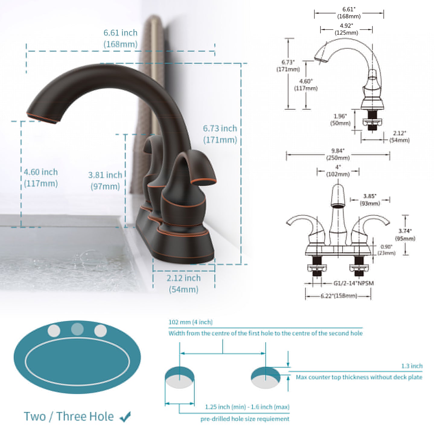 Oil-Rubbed Bronze Swan Neck Style 4-Inch Centerset Bathroom Sink Faucet, Two-Handle Vanity Faucet with Pop-Up Drain & Supply Lines