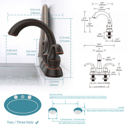 Oil-Rubbed Bronze Swan Neck Style 4-Inch Centerset Bathroom Sink Faucet, Two-Handle Vanity Faucet with Pop-Up Drain & Supply Lines