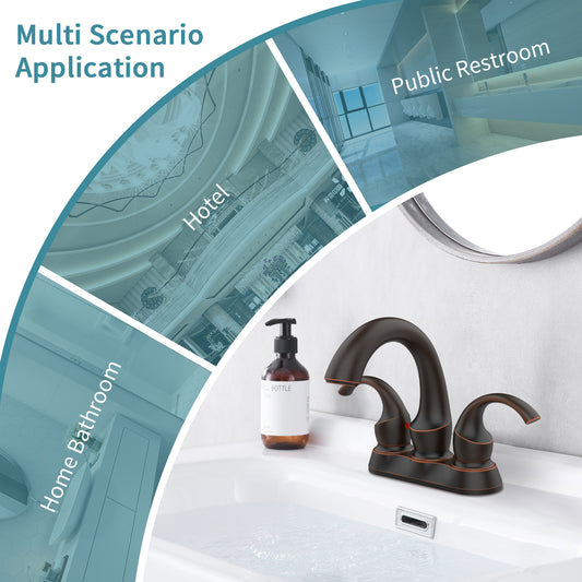 Oil-Rubbed Bronze Swan Neck Style 4-Inch Centerset Bathroom Sink Faucet, Two-Handle Vanity Faucet with Pop-Up Drain & Supply Lines