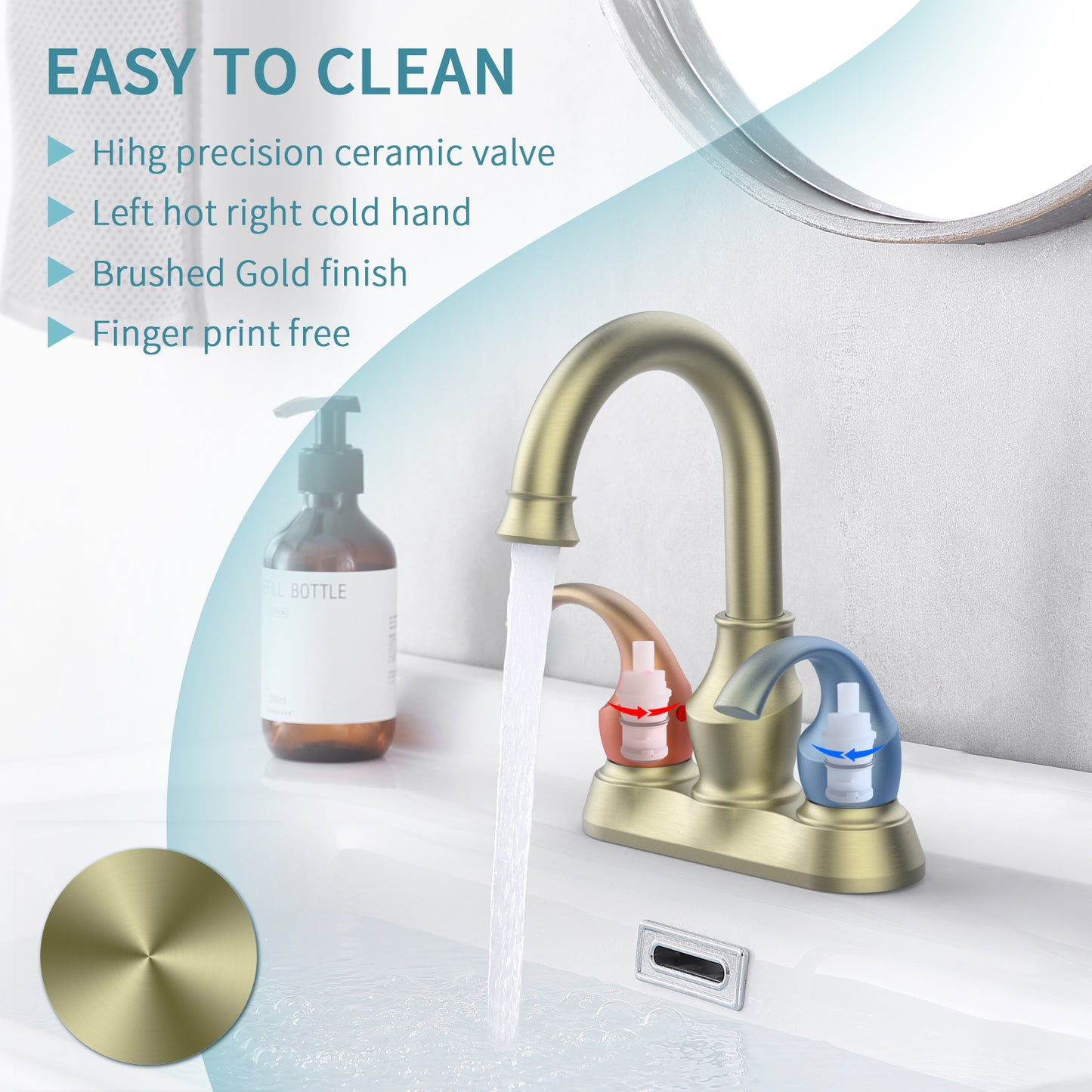 Brushed Gold Crescent Moon Style 4-Inch Centerset Bathroom Sink Faucet, Two-Handle Vanity Faucet with 360° Swivel Spout, Pop-Up Drain & Supply Lines